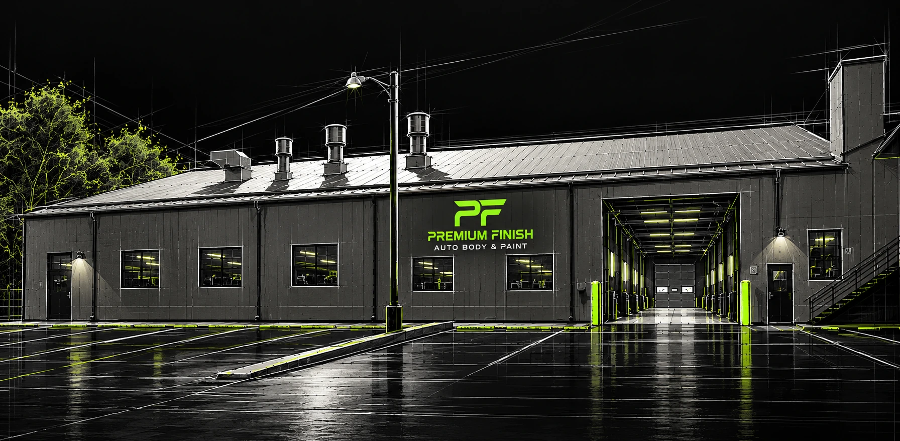The Premium Finish body shop at night, bay door open